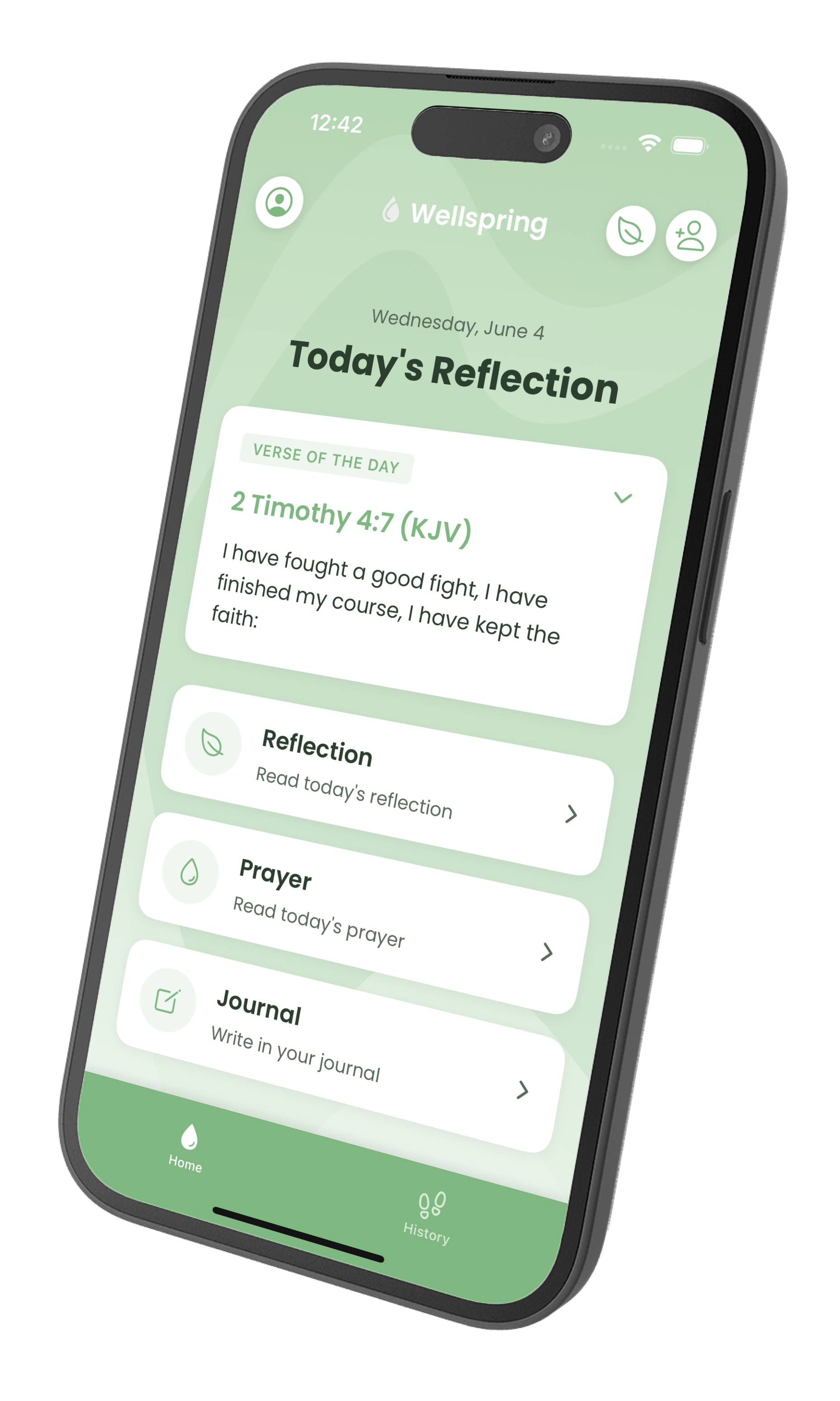 Wellspring app interface on an iPhone