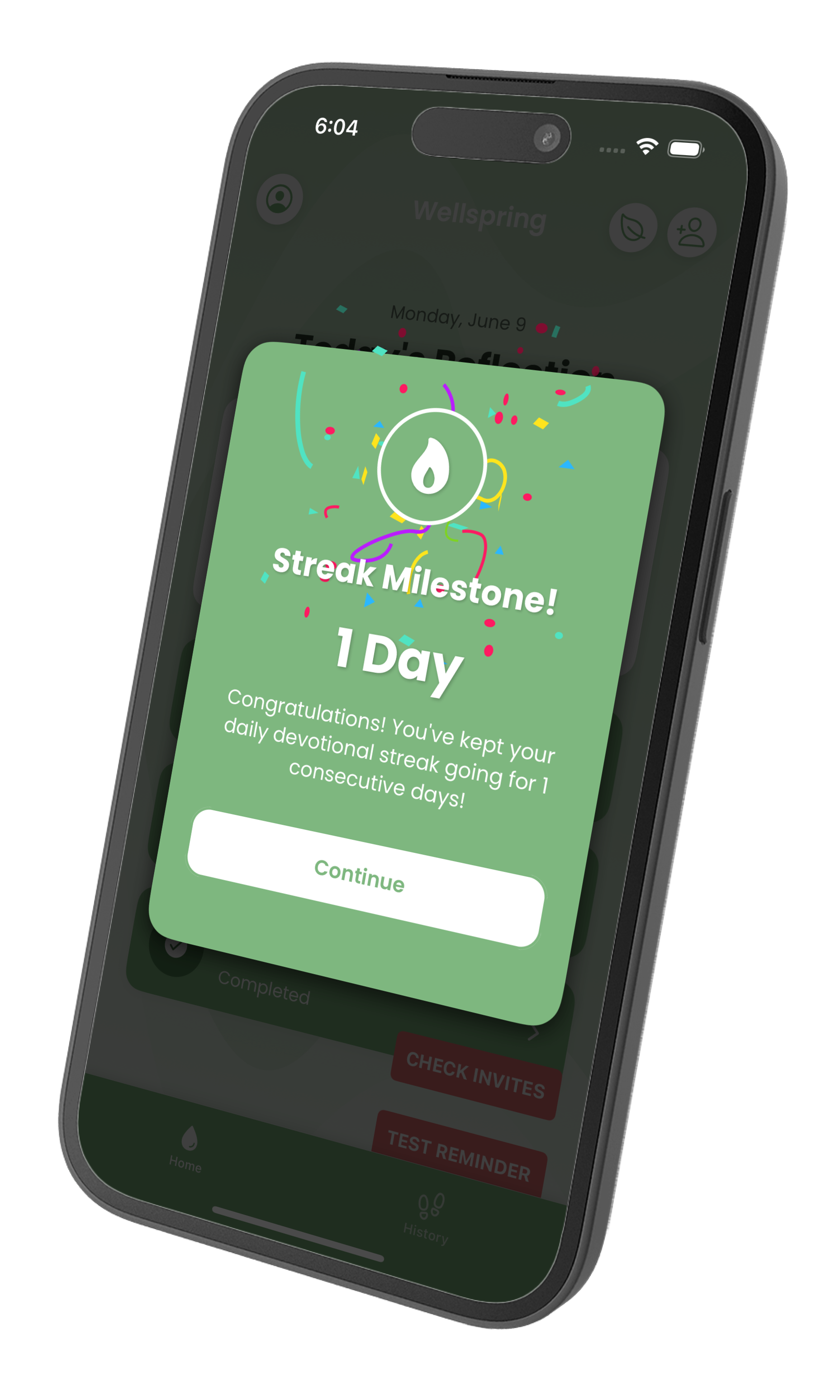 A screenshot showing a streak celebration in Wellspring.
